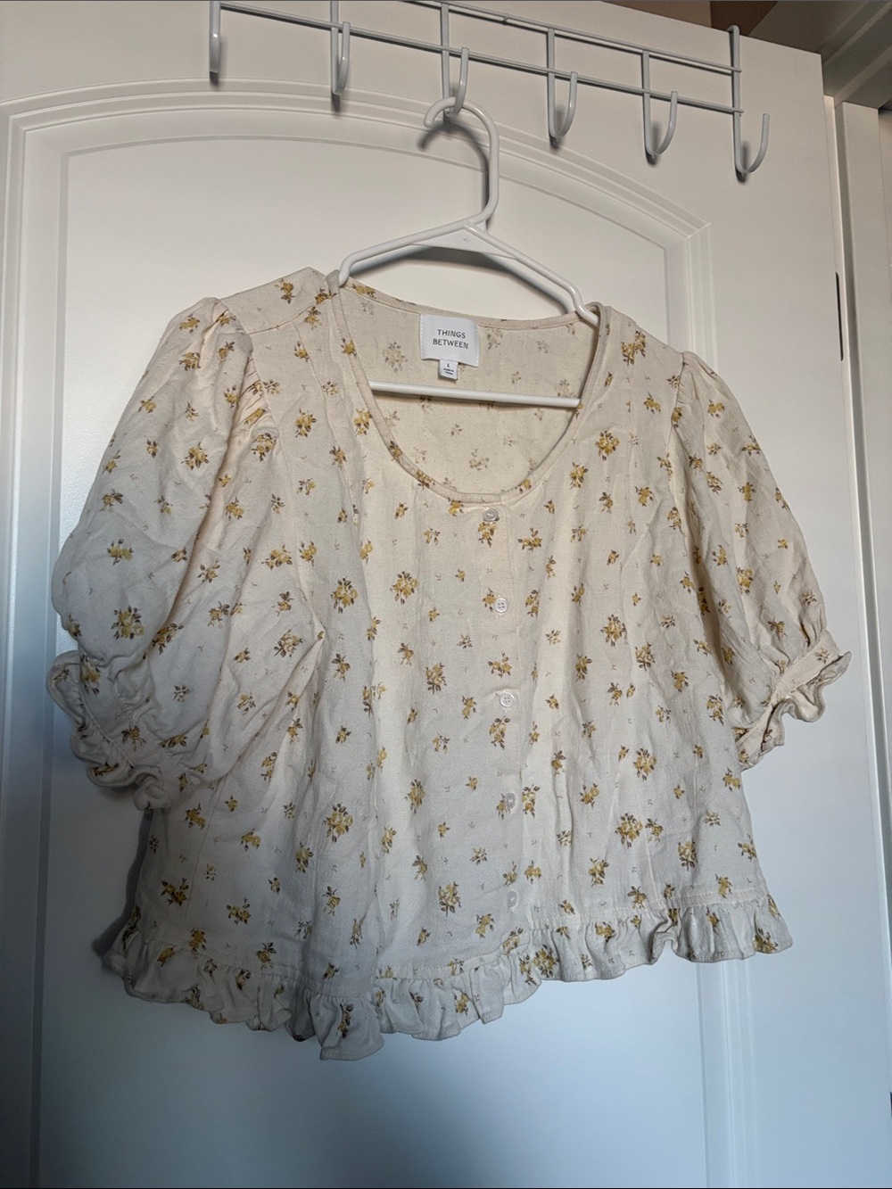 Things Between Frilly Puff Sleeve Floral Top Size Large NWT Cottagecore